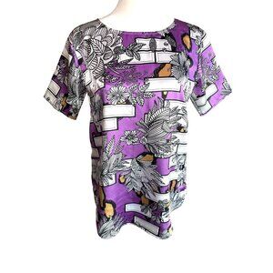 Olivia Rubin London Blouse Size 10 Purple Black Floral Print S/S Lined Satiny EU